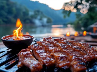 湖畔烧烤 火焰与美味的邂逅