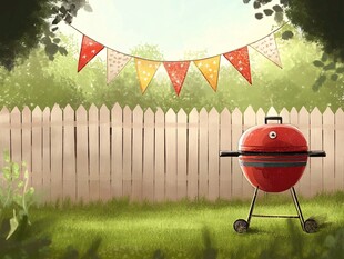 后院烧烤场景的清新插画