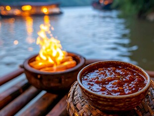 河畔篝火旁的美味热汤