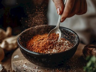 手撒香料入碗烹饪瞬间