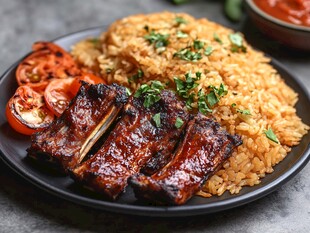 烤排骨配香米饭与番茄