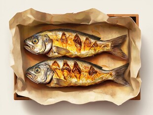 烤盘上的两条香煎美味鱼