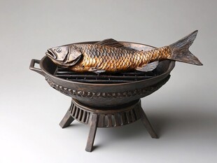 铜制烤鱼摆件 工艺精巧