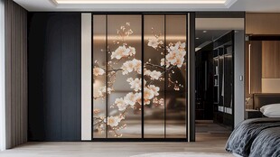 中式花鸟玻璃移门卧室场景