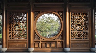 中式圆窗木构建筑景致