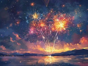 夜空中绚烂绽放的梦幻烟花