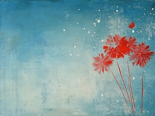 蓝色背景上的红色梦幻花朵