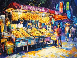 夜市烤串摊热闹景象