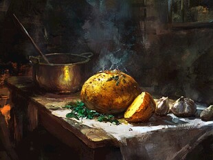 灶台上的烤土豆与炊具