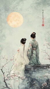 月下古装情侣倚坐赏景
