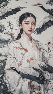 古风佳人伴仙鹤图