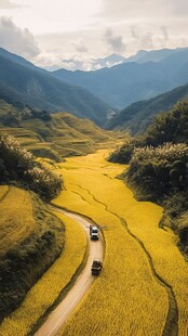 金黄稻田中穿行的两辆车