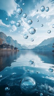 梦幻山水间的漂浮气泡