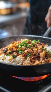 锅中美味炒饭正烹饪