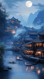 月夜下的古风水乡美景