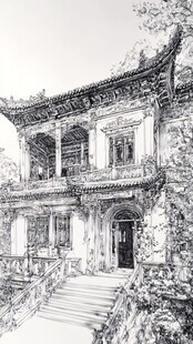 中式古建黑白线描图