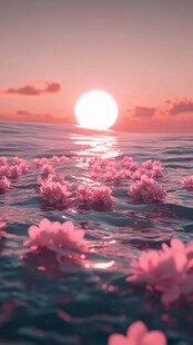 海上落日伴漂浮粉色花朵