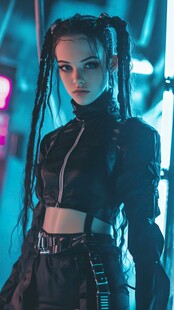 未来感酷飒双麻花辫黑衣少女