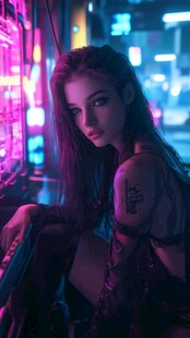 霓虹下的酷炫纹身女孩