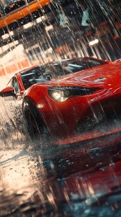 红色跑车雨中动感瞬间