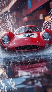 红色赛车水花中激情飞驰