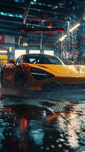黄色超跑在炫酷洗车场景中