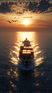 夕阳下航行的远洋货轮