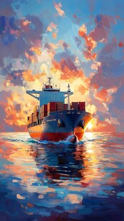 夕阳下的远航货轮