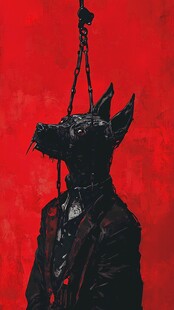 红色背景下的犬形神秘角色