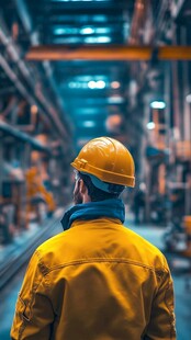 工厂工人背影 头戴安全帽