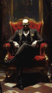 骷髅绅士端坐华丽红椅
