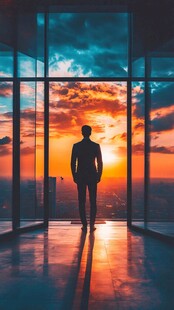 男子逆光而立赏壮丽日落