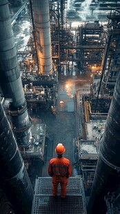 工人俯瞰工业设施场景