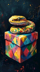 彩蛇盘于多彩礼盒之上