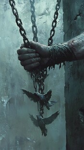 手缚铁链与飞鸟的暗黑画面