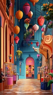 梦幻彩色街道购物场景