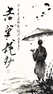水墨古风撑伞行者意境图