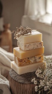 手工香薰皂堆叠在原木上