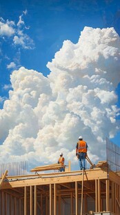 蓝天白云下的建筑工人作业