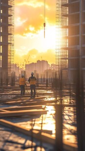 夕阳下的工地建设场景