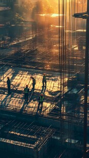 夕阳下的工地建筑工人身影