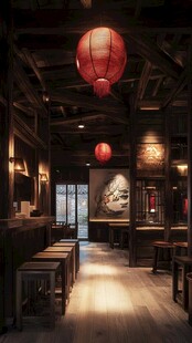 中式古风餐厅内景氛围图