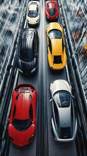 俯视下的多彩炫酷跑车阵列
