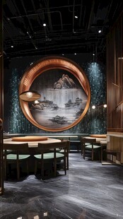 中式餐厅雅致山水装饰空间