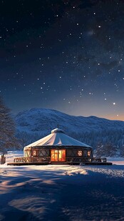 雪夜星空下的温馨木屋