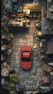 俯视视角下的红车与庭院