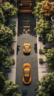 庭院中的两辆黄色酷炫跑车