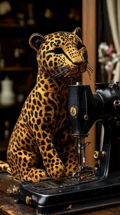 豹形玩偶坐于复古缝纫机上