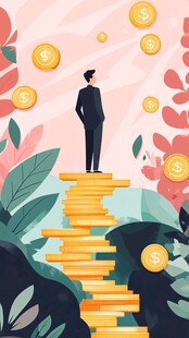 男人踏金钱阶梯追逐财富
