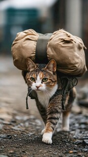 背着行囊的猫咪在路上